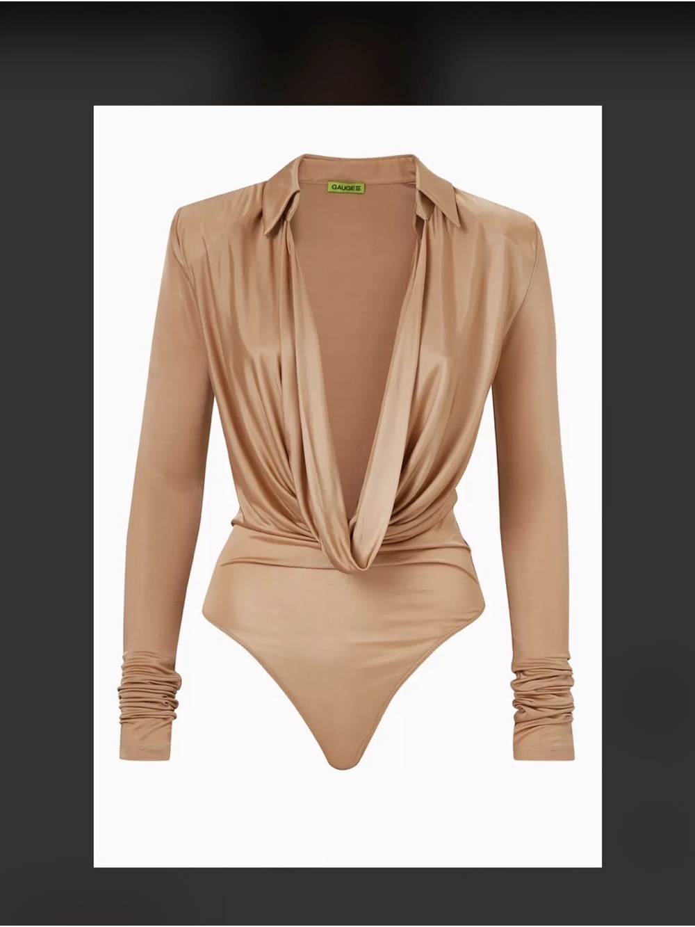Gauge81 Tan Satin Draped Plunge Long-Sleeve Bodysuit